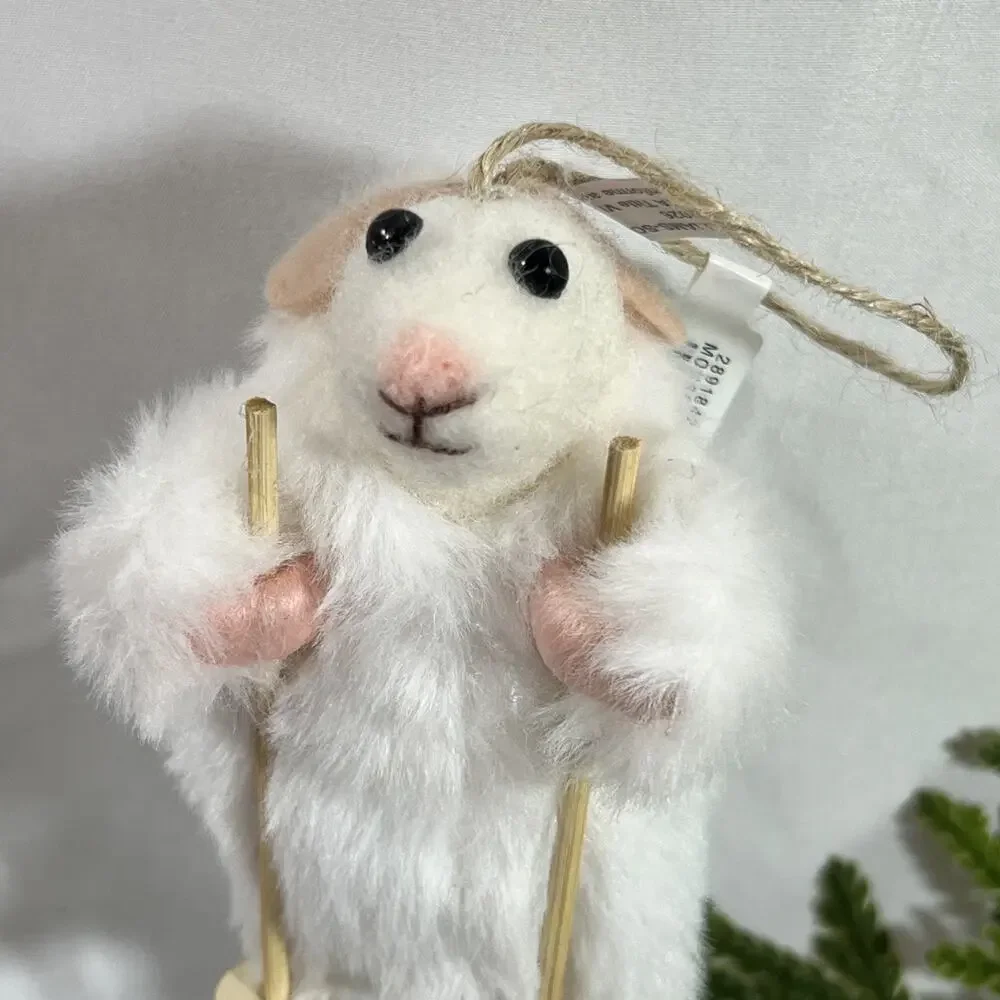 West Elm Felt Mouse Skier Christmas Ornament Furry White Coat Skiing Ski